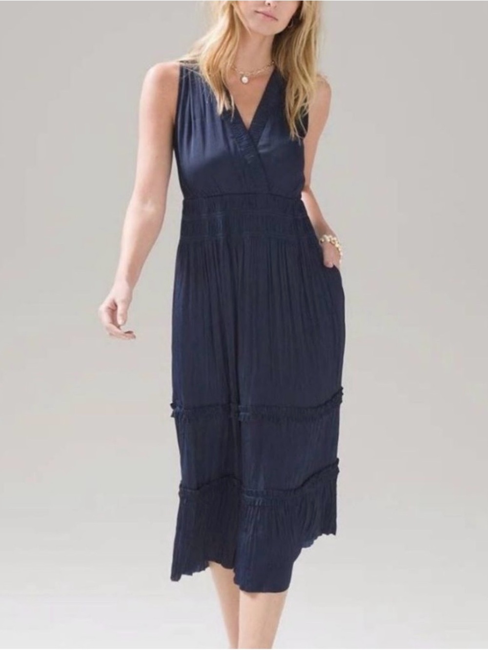 Sleeveless Navy V-Neck Satin Midi Dress